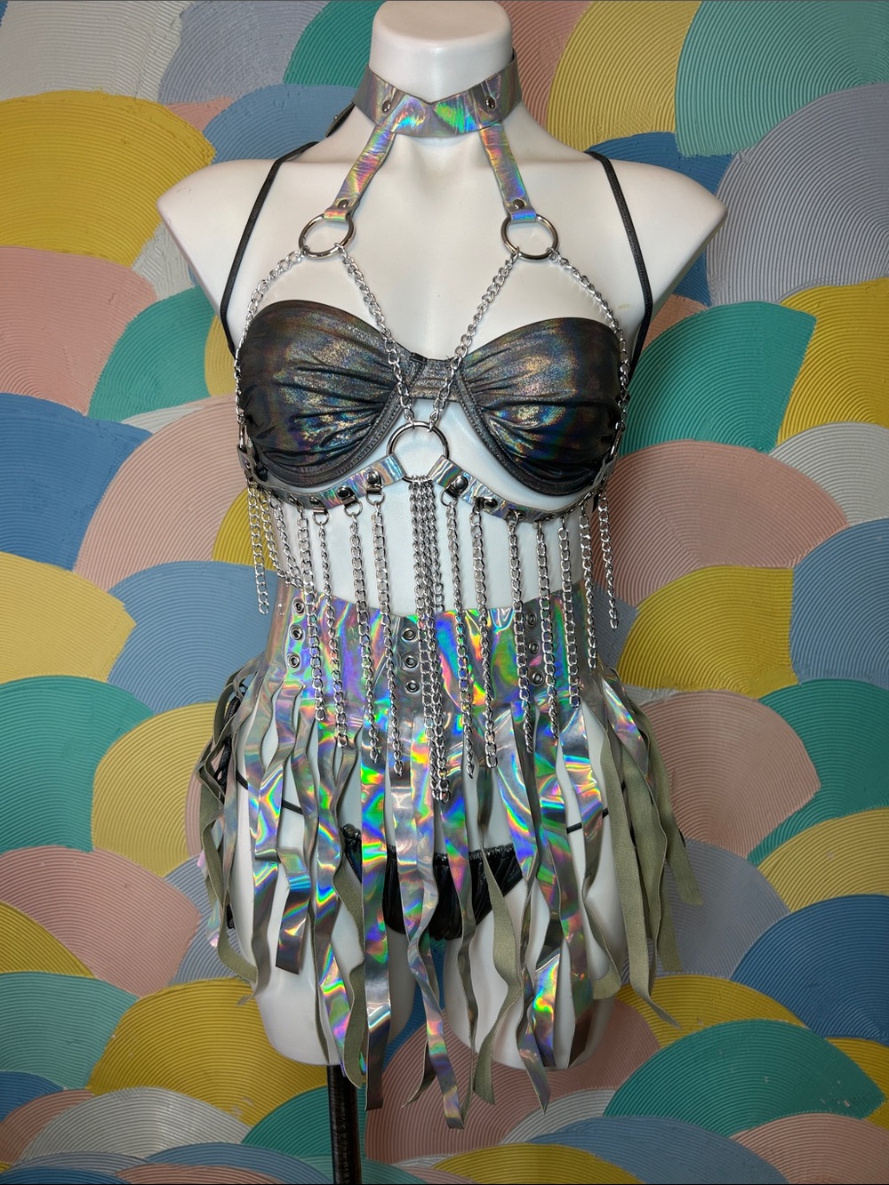 Club Exx Holographic Chain Fringe Festival Top and Skirt Set sz S